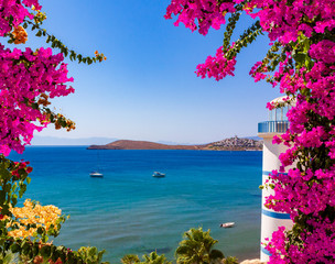 Beautiful pink and purple flowers frame a sea view in Ortakent, Bodrum, Turkey - obrazy, fototapety, plakaty