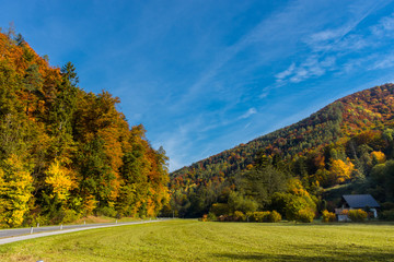 Autumn landscape with small house and colorful trees near Graz, Styria region, Austria