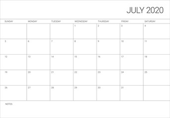 July 2020 desk calendar vector illustration