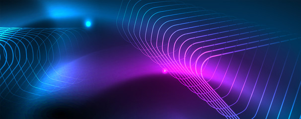 Fototapeta na wymiar Neon glowing techno lines, hi-tech futuristic abstract background template, vector