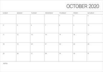 October 2020 desk calendar vector illustration