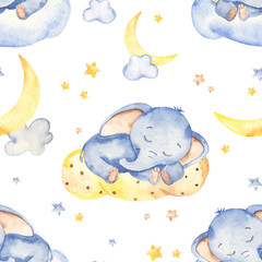 Watercolor seamless pattern with cute baby elephant sleeping on a cloud