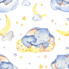 Wall murals Sleeping animals Watercolor seamless pattern with cute baby elephant sleeping on a cloud
