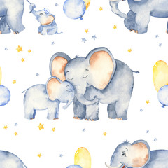 Watercolor seamless pattern with cute elephants for Mother and Father's Day