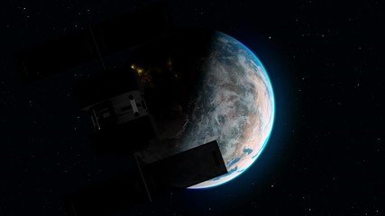 Time lapse of an astronomy satellite in orbit watching an abstract Earth clock in space rotating from day to night - Powered by Adobe