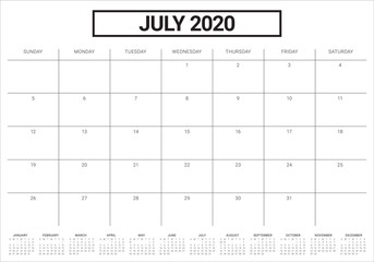 July 2020 desk calendar vector illustration