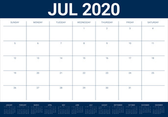 July 2020 desk calendar vector illustration