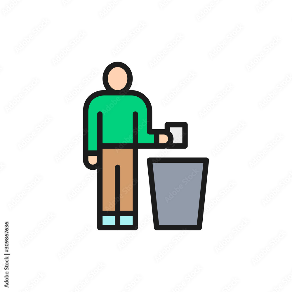 Poster man throwing out garbage, trash flat color line icon.