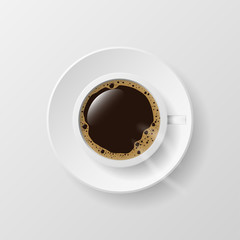 Vector 3D Realistic top view black coffee cup and saucer isolated on white background.