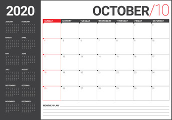 October 2020 desk calendar vector illustration