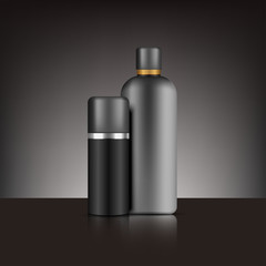3D realistic black bottle packaging vector illustration