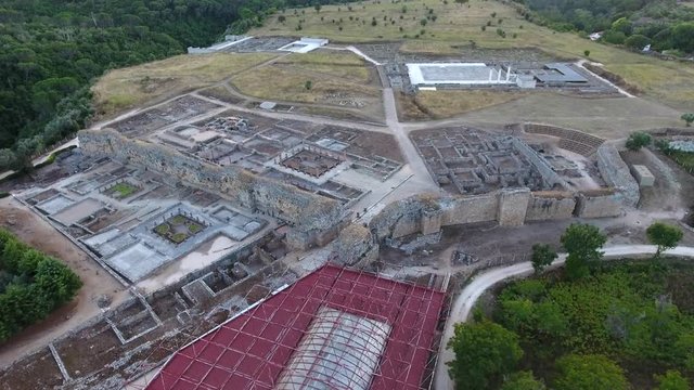 roman city ruins conimbriga Coimbra Portugal aerial shot 4k