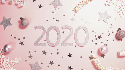 2020 Christmas and new year background banner with the beautiful decor gift for holiday in winter. On bright pink, golden and silver color theme with snow flake. top view with copy space.