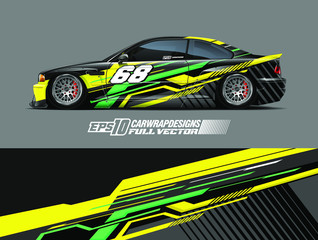 Fototapeta premium Racing car wrap design vector. Graphic abstract stripe racing background kit designs for wrap vehicle, race car, rally, adventure and livery. Full vector eps 10