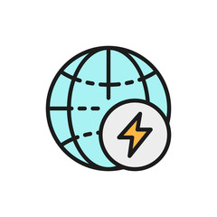 Globe with energy sign, earth energy flat color line icon.