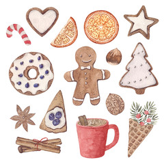 Watercolor Christmas set. Hand painted, gingerbread, sweets, caramel, nuts, waffle cone, donut, cocoa. Christmas illustrations for cards, design, print.