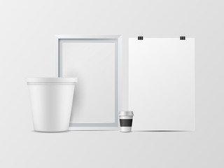 Vector 3D white tank with coffee mugs and photo frames isolated on a white background.