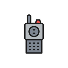 Radio transceiver, walkie talkie, portable device flat color line icon.