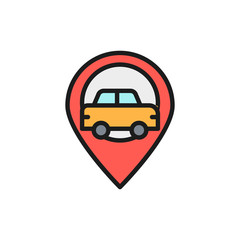 Car location, map pointer with taxi flat color line icon.