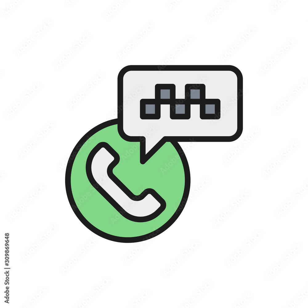 Sticker Taxi call center flat color line icon. Isolated on white background