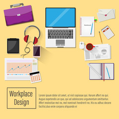 Workplace design for Office Supplies Stuff and Digital Laptop Smartphone Computer Tablet Mouse Pencil Cup Coffee, Top View, Vector illustration