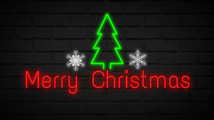 Merry Christmas neon light on wall. Banner blinking neon sign style