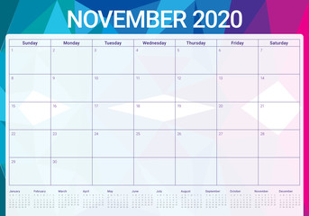 November 2020 desk calendar vector illustration