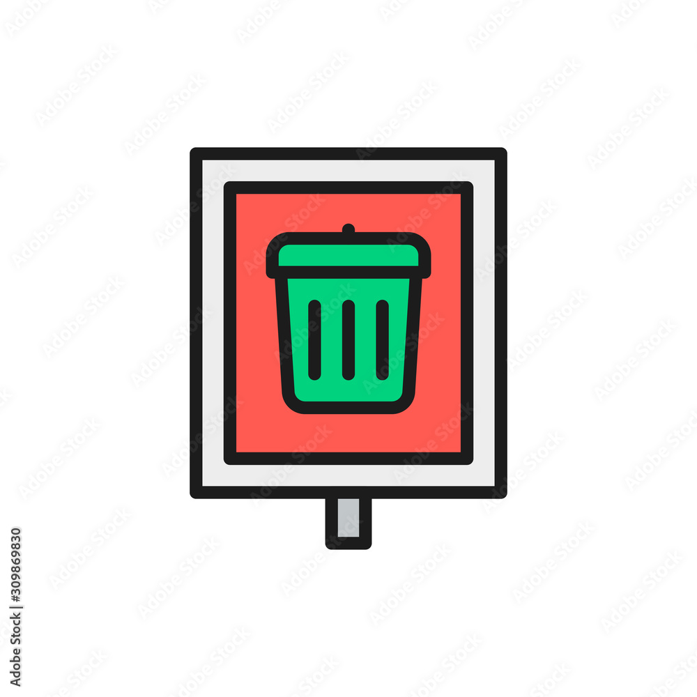 Poster trash can, garbage sign, waste pointer flat color line icon.