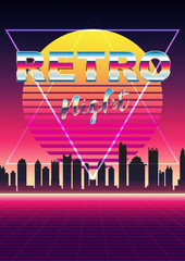 Vector posters 80s Retro Sci-Fi Background with Night City Skyline.