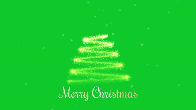 Animated Christmas tree with falling snowflakes on green background. Christmas tree made of gold particles.