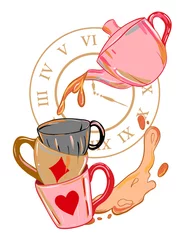 Foto op Aluminium Alice in wonderland illustration with teapot and mugs. Crazy tea party background. © mila_okie