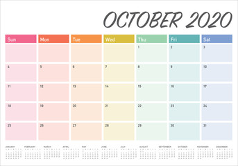 October 2020 desk calendar vector illustration