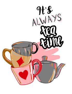 "It's always tea time" Alice in Wonderland motifs, Lewis Carroll typography print.