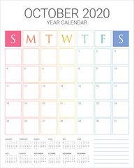 October 2020 desk calendar vector illustration