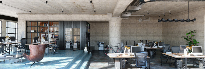Office interior in loft, industrial style, 3d render
