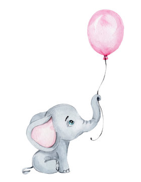 Cute little elephant with pink balloon; watercolor hand draw illustration; with white isolated background