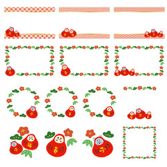 手描きダルマのベクターイラスト飾り枠の素材セット　可愛い　正月　縁起物