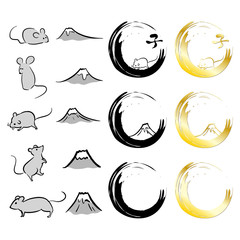 富士山とネズミと筆文字の手描きイラスト素材　ベクター　子年　2020　年賀状　正月