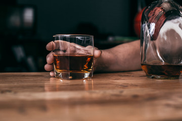 Bartender Serve Whiskey, on wood bar,