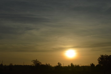 Fototapeta na wymiar The sun rises in the morning east of the rice field.