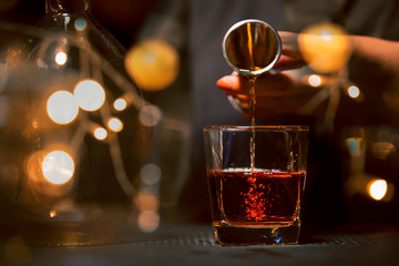 Bartender Serve Whiskey, on wood bar,