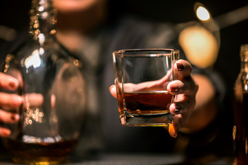 Bartender Serve Whiskey, on wood bar,