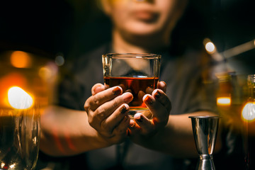 Bartender Serve Whiskey, on wood bar,