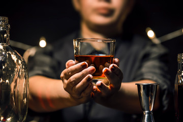 Bartender Serve Whiskey, on wood bar,