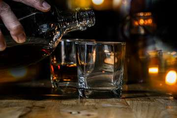 Bartender Serve Whiskey, on wood bar, 