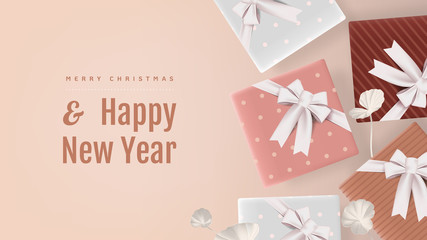 Christmas and New Year banner mockup template design, present boxes and white leaves, pastel pink and brown tones