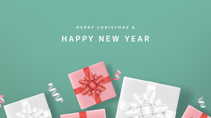 Obraz na płótnie Canvas Christmas and New Year banner mockup template design, present boxes and ribbons, pastel pink and green tones