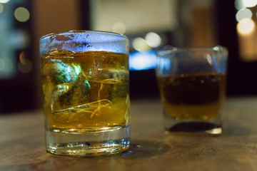 Bartender Serve Whiskey, on wood bar, 
