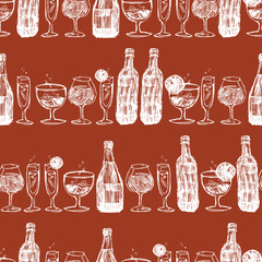Vector brown baritalia monochrome wine bottles and wine glasses sketch illustration seamless pattern. Perfect for fabric, restaurant menu and wallpaper projects.