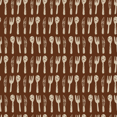 Vector brown forks, spoons and knife cutlery monochrome repeat pattern. Perfect for fabric, scrapbooking and wallpaper projects.